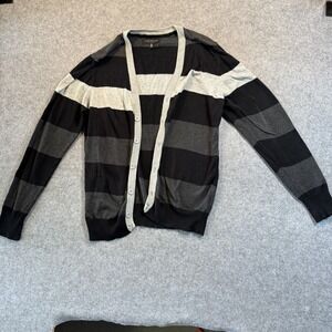 Twentyone Men Striped Cardigan Large Black Grey Cotton Button Up Sweater